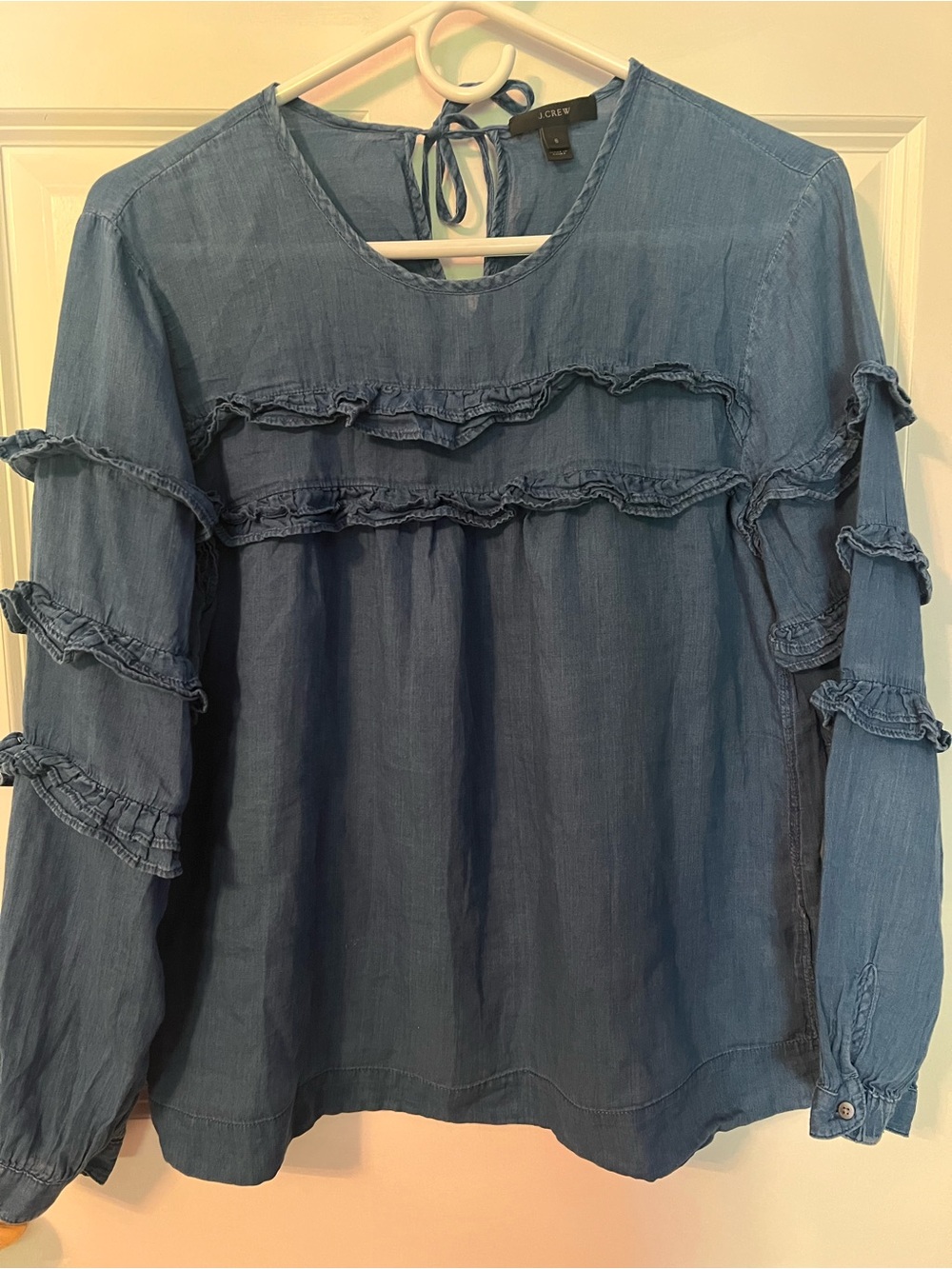 J. Crew Chambray Ruffle-Trim Long-Sleeve Blouse - Blue